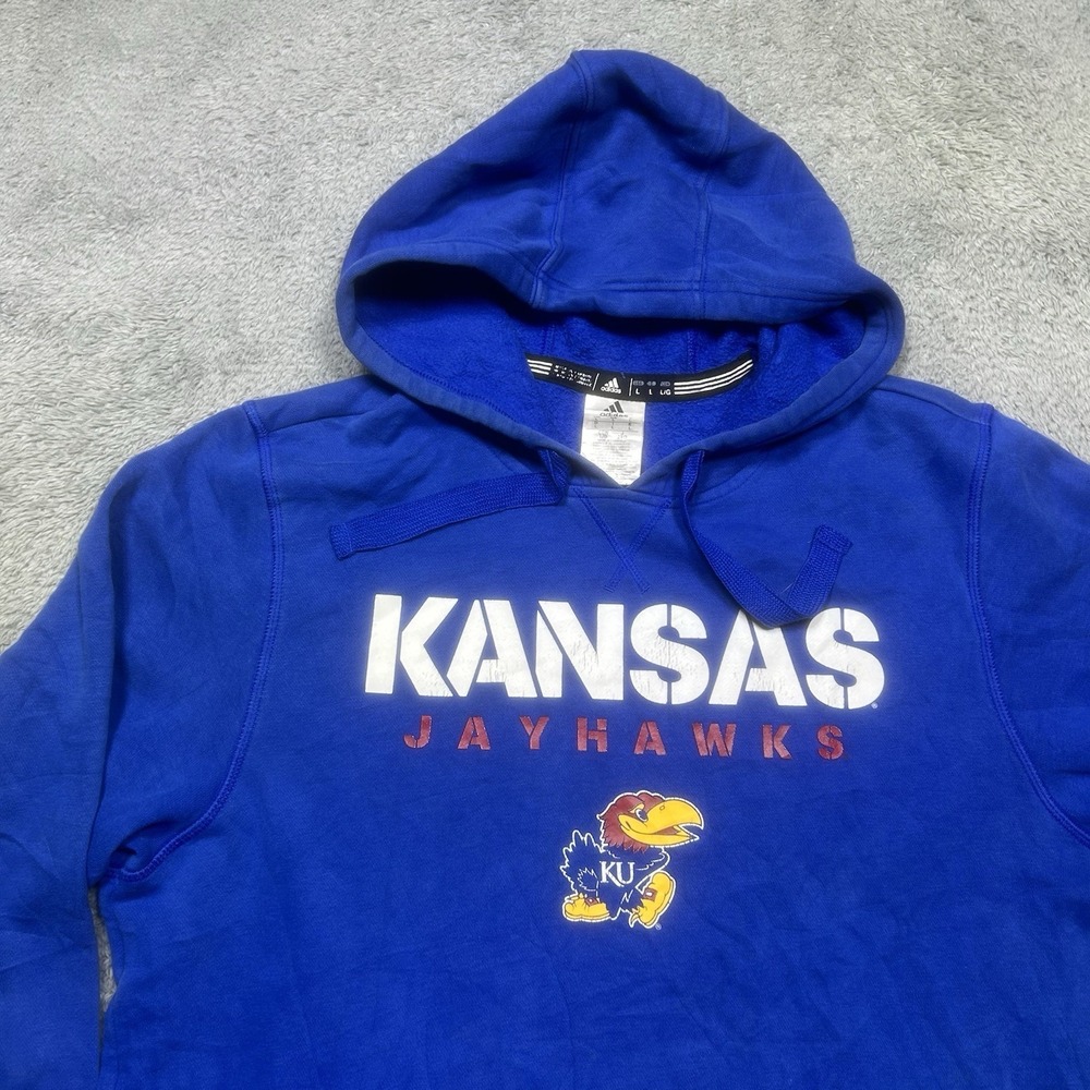 Adidas Kansas Jayhawks Hoodie Mens L Blue Basketball Pullover Sweatshirt Logo KU - Picture 3 of 12